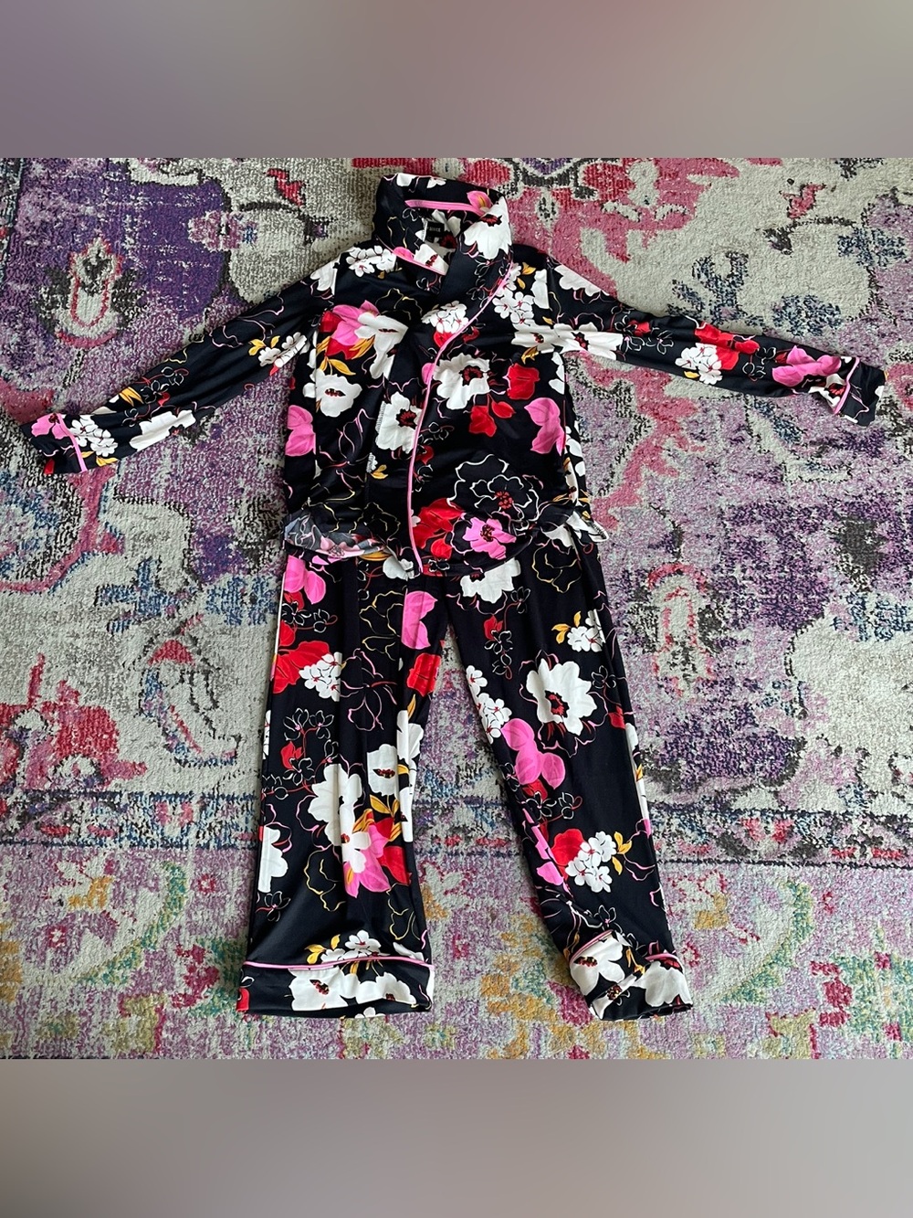 Room service Black Floral Pajama Set with Pink & Red Blooms size small